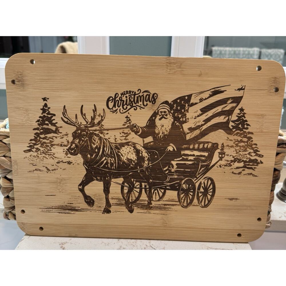 Wooden Cutting Board Sign Decor Handmade Merry Christmas Santa In Sleigh New